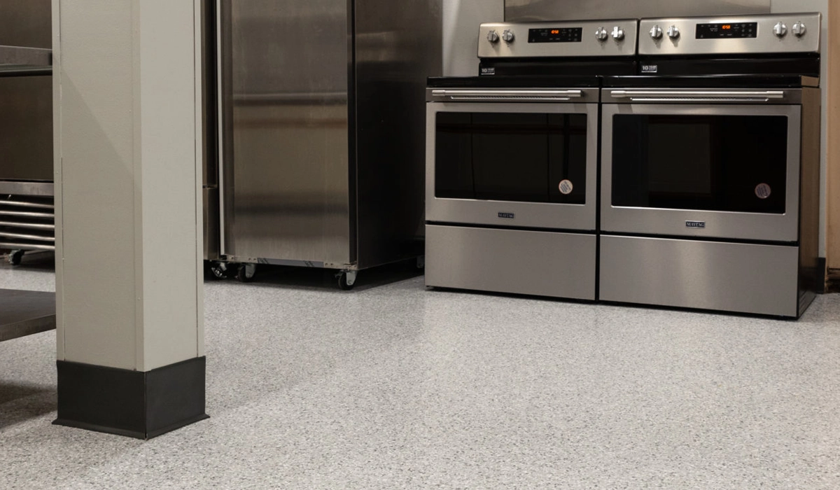Commercial restaurant kitchen are in epoxy flake flooring